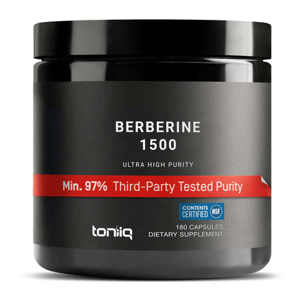 Toniiq NSF Certified Ultra High Strength Berberine HCl from The Himalayas - 100:1 Concentrated Extract - Lab-Tested 97% Berberine HCl - 180 Vegetarian Capsules, 1500 mg per Serving