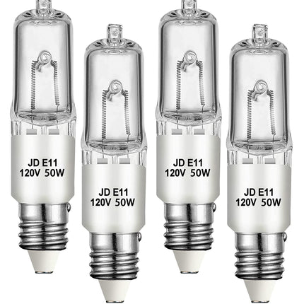Jaenmsa 4 Pack JDE11 Bulb,120V 50W Halogen Mini Candelabra Bulbs,T4 JD E11 Bulb Dimmable 2700K Warm White(Replacement E11 LED Bulbs) for Chandeliers,Candelabra,Ceiling Fan,Table Lamps,Cabinet Lighting