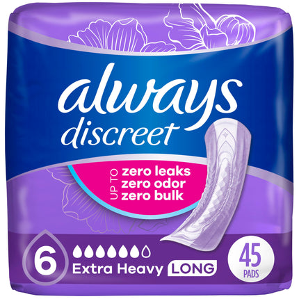 Always Discreet Adult Incontinence Pads for Women, Drier, 6 Drop Long Length, Extra Heavy Absorbency, Pads for Bladder Control Management, Bladder Leaks, & Postpartum Pads, 45ct