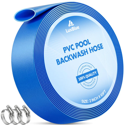 LuxBlue 2" X 65ft Pool Backwash Hose | Heavy-Duty Reinforced PVC Pool Drain Hose, UV & Burst Resistant | Flexible Lay Flat Discharge Hoses for Water Transfer, Sump Pump Drainage, with 3 Clamps