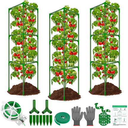 3 Packs Fiberglass Tomato Cages for Garden, 56 Inch Tall Tomato Plant Support, Adjustable Tomatoes Stakes Plant Climbing Trellis for Garden Vegetables Fruits, Tomatoes Support Cages with Clips