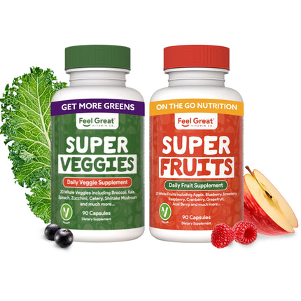 Feel Great Fruit and Vegetable Supplements | 20+ Super Reds & Greens for Natural Energy Support | Vegan Fruit and Veggie Vitamins | 2 Pack of 90 Count Each
