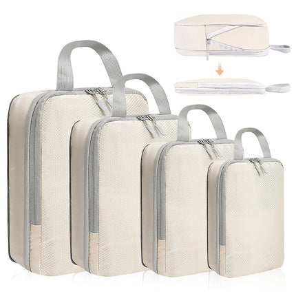 4 Set Compression Packing Cubes for Suitcase - Space-Saving Luggage Organizer Bags, Lightweight Travel Essentials for Efficient Packing (Beige)