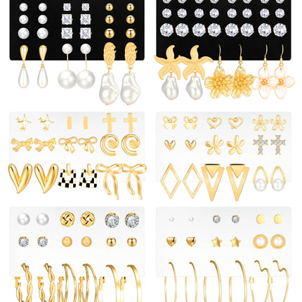 84 Pairs Gold Stud Earrings Set for Women Multipack, Fashion Pearl Cubic Zirconia Butterfly Earrings Packs Piercings, Hypoallergenic Stud Hoops Earrings for Gift (Style08-gold)
