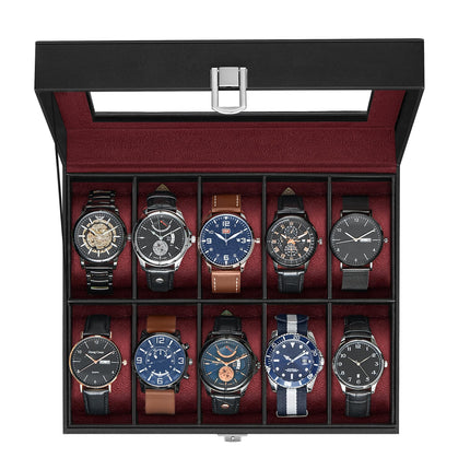 SONGMICS Watch Box, 10-Slot Watch Case Organizer with Large Glass Lid, Removable Pillows, Gift for Loved Ones, Black Synthetic Leather, Wine Red Lining UJWB010R01