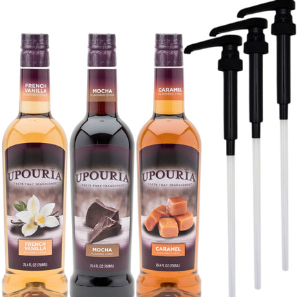 Sunny Sky Upouria Coffee Syrup Variety Pack - French Vanilla, Mocha, and Caramel Flavoring, 100% Vegan, Gluten Free, Kosher, 750 mL Bottle - 3 Coffee Syrup Pumps Included