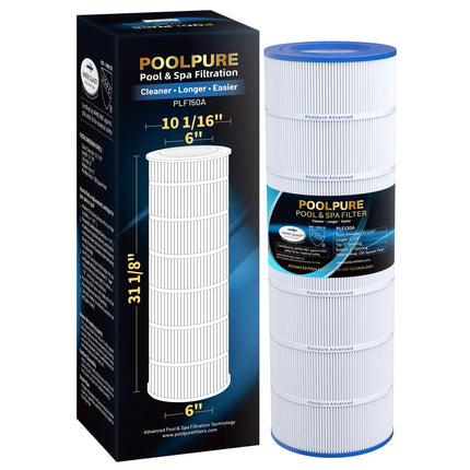 POOLPURE CC150 Pool Filter Replaces Pentair CC150, CCRP150, PAP150, Ultral-C4, PP-C4, PP-C4-M, Unicel C-9415, R173216, 59054300, Filbur FC-0687, 160317, 160355, 160352, L x OD: 31 1/8" x10 1/16"