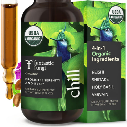 Fantastic Fungi Reishi Mushroom Extract Drops with Shiitake, Holy Basil & Vervain - Chill Elixir Mushroom Tincture - 4-in-1 Organic Mood Support Supplement for Relaxation & Calm, 30 Servings, 1 fl oz