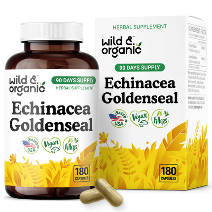Wild & Organic Echinacea Goldenseal Capsules - Immune & Lung Support - Echinacea Extract Supplement - Hydrastis Canadensis & Purpurea - Vegan, No Fillers, Non-GMO - 180 Count