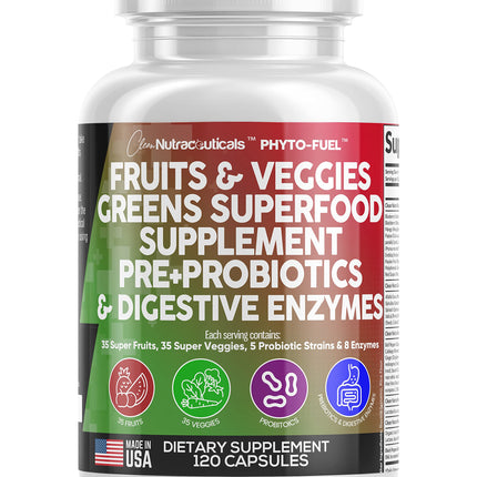 Clean Nutraceuticals Fruits and Veggies Supplement Reds & Green Superfood - Balance of Over 70 Fruit & Vegetable Supplements Capsules with Probiotics Prebiotics Digestive Enzymes - 120 Ct USA