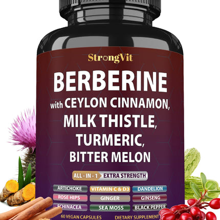 Berberine with Ceylon Cinnamon Supplement, Milk Thistle, Turmeric Bitter Melon for Digestion, Immunity & Entire Body Wellness. Organic Complex for Men & Women, Non-GMO, Gluten-Free, Vegan, USA