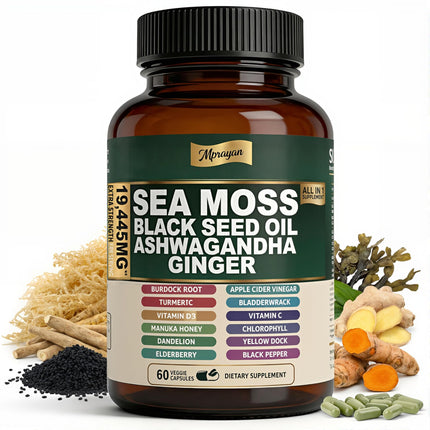 MPRAYAN Sea Moss Black Seed Oil Ashwagandha Capsules - 10:1 Extract Blend 60ct