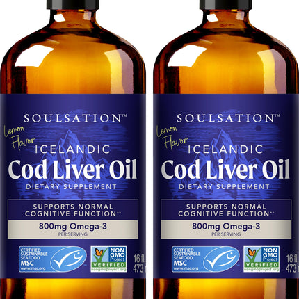 SOULSATION Icelandic Cod Liver Oil Liquid, Lemon (16oz - Pack of 2) - Vitamins A & D, EPA & DHA - Helps Vision, Skin Membranes & Immune Function - MSC Certified, Non-GMO