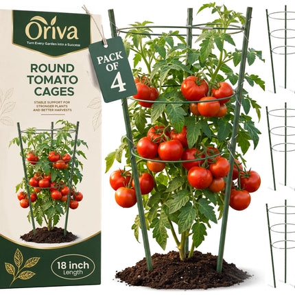 Oriva 4 Pack Round Tomato Cages for Garden,18 inches Small Metal Tomato Cages with Adjustable Rings,Tomato Trellis and Plant Support for Raised Garden Beds, Pots and Climbing Vegetables