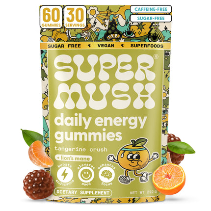 SuperMush Daily Energy Mushroom Gummies - Organic Lion’s Mane & Cordyceps Mushroom for Energy, Focus, Stamina - Vegan, Sugar Free Nootropic 60 Gummies (30 Servings) - Functional Mushroom Supplement