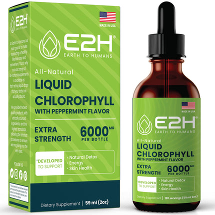 E2H Chlorophyll Liquid Drops - Natural Energy Booster, Immune System Support and Internal Deodorant - Peppermint Flavor - (2 Bottles)