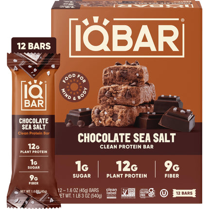 IQBAR Clean High Protein Bars, Low Sugar Snack, Chocolate Sea Salt 12ct