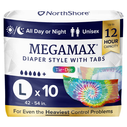 NorthShore MegaMax 12-Hour HBL Adult Diapers for Heavy Bladder Leaks, Large, 10 Count, Tie-Dye, 42-54 inches, Tab-Style Incontinence Underwear for Men, Women & Teens