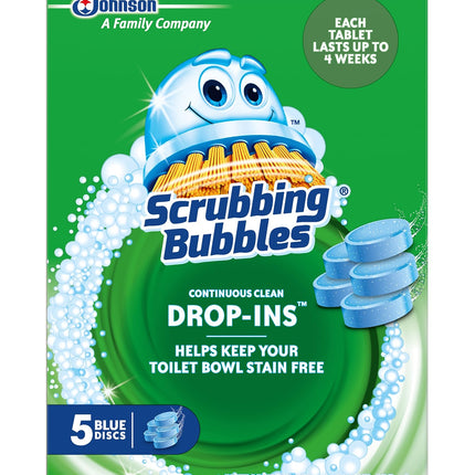 Scrubbing Bubbles Continuous Clean Toilet Drop-Ins, Automatic Blue Toilet Bowl Cleaner, Septic-Safe Tank Tablets Remove Hard Water Minerals & Limescale, Stain & Smell Protection, 5 Count (Pack of 1)