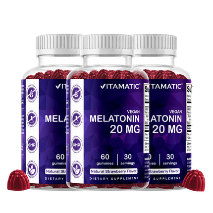 Vitamatic Melatonin 20 mg Gummies for Adults, 3, Pack, 30 Servings - 60 Vegetarian Gummies Each - Non-Habit Forming Supplement, 90 Servings 180 Vegetarian Gummies Total