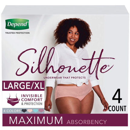 Depend Silhouette Incontinence and Postpartum Underwear for Women, Maximum Absorbency, Disposable, Large/Extra-Large, Pink/Black/Teal/Berry, 4 Count