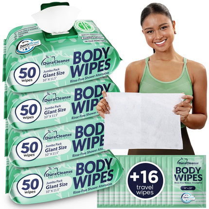 XL Body Wipes for Women, No Rinse Adult Bathing Wash Cloths - 4pk, 200 Shower Wipes + 16 Travel Bath Sheets -10"x11.5" Thick Cleansing Disposable Washcloths for Womens Hygiene & Elderly Incontinence