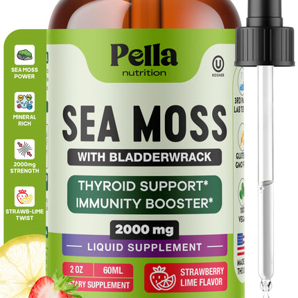 Pella Nutrition Sea Moss Drops with Bladderwrack – 4X Faster Absorption Than Irish Sea Moss Gel Superfood, Gummies, and Capsules – Digestive & Immune Support Supplement (Strawberry Lime, 60mL)