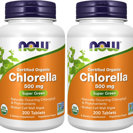 NOW Foods Supplements,Organic Chlorella 500 mg with Naturally Occurring Chlorophyll,Beta-Carotene,Mixed Carotenoids,Vitamin C,Iron and Protein,200 Tablets,(Pack of 2)
