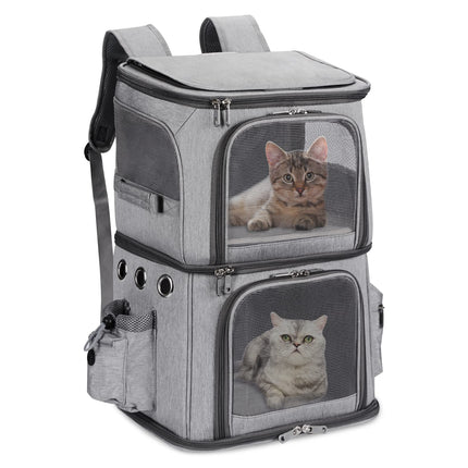 HOVONO Double-Compartment Pet Carrier Backpack for Small Cats and Dogs, Cat Travel Carrier for 2 Cats, Perfect for Traveling/Hiking/Camping, Grey, XL