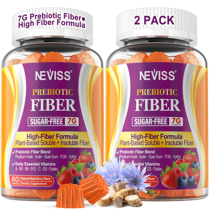 Fiber Gummies for Adults with Psyllium Husk, 7G(Soluble + Insoluble) Daily Prebiotic Fiber with Inulin, FOS, Guar Gum, Multivitamins for Daily Digestive Health, Regularity Support,Sugar Free,Pack of 2