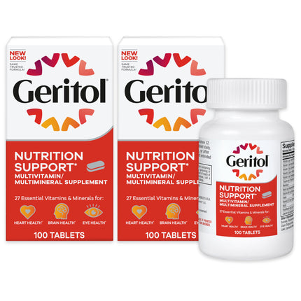 Geritol Multivitamin Supplement, Contains B-Vitamins, Antioxidants, Vitamins C, E & D and Iron, 27 Essential Vitamins and Minerals, Gluten-Free, Non-GMO, No Artificial Sweeteners, 100 Tablets, 2 Pack