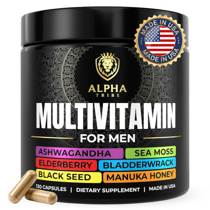 Alpha Tribe Multivitamin for Men with Sea Moss, Black Seed Oil, Ashwagandha, Turmeric Bladderwrack, Burdock,Vitamin C, Elderberry, Manuka, Yellow Dock | Daily Men's Vitamins and Minerals Supplement