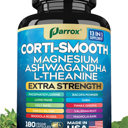 Parrox Corti-Smooth Cortisol Supplement Magnesium, L-Theanine, Ashwagandha, Magnolia Bark, Panax Ginseng, Bacopa Monnieri, GABA, Lions Mane, Ginkgo Biloba, Phosphatidylserine, Valerian Root (180 Caps)