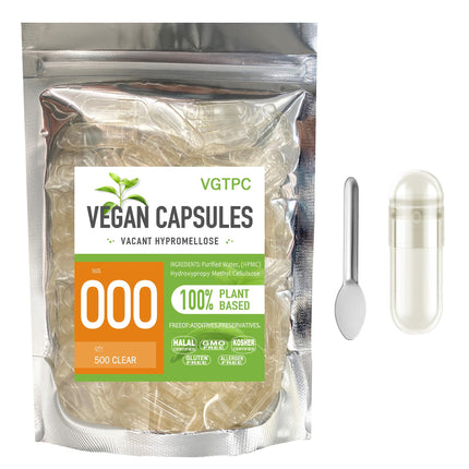 VGTPC Size 000 Empty Vegetarian Capsules, (500 Count) Vegan Clear Fillable Veggie Pill Capsules for DIY Supplement Filling