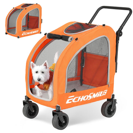 EchoSmile 4 Wheels Pet Stroller, Foldable Dog & Cat Stroller for All-Season, Lightweight Carrier with Storage Basket, Adjustable Handle, Removable Pad, Breathable Mesh, Up to 135 lbs, Orange (Orange)