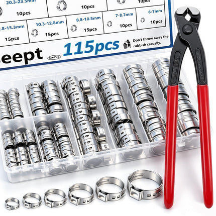 Seept 115Pcs 10-Sizes 304 Stainless Steel Single Ear Hose Clamps with Ear clamp plier 6-28.6mm Crimp Hose Clamps Assortment Kit for Auto/Home Appliance/Pipe/Fuel Line Stepless hose clamp with pincer