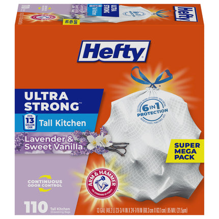 Hefty Ultra Strong 13 Gallon Trash Bags, Tall Kitchen, Drawstring Closure, Odor Control, White, Lavender, Sweet Vanilla, 110 Count