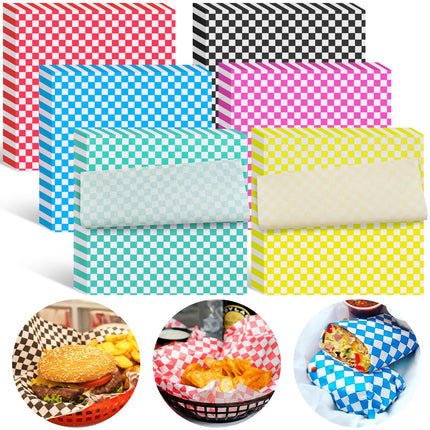 Ninsula Deli Paper Sheets 126P, 11.5x11.5 In Checkered Sandwich Paper Wraps, 6 Colors Basket Liners For Food Serving, Grease Resistant Burger Wrappers for BBQ, Picnic, Party(Colorful)
