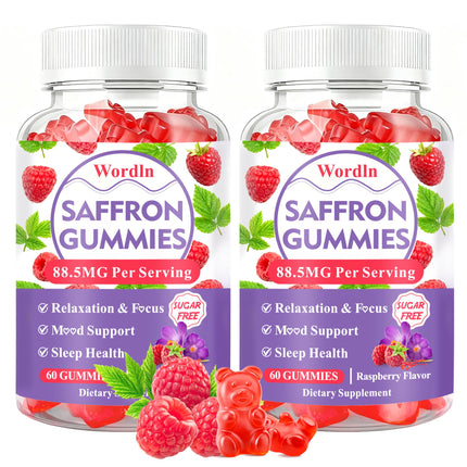 Wordln Saffron Gummies for Adults & Kids, Saffron Supplements with 88.5mg Saffron Extract, Ashwagandha, L-Theanine for Relaxation, Focus and Mood Support, 60 Gummies (Pack of 2)