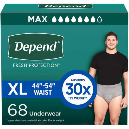 Depend Fresh Protection Adult Diapers, Incontinence Underwear for Men, Disposable, Maximum, Extra-Large, Grey, 68 Count (2 Packs of 34), Packaging May Vary