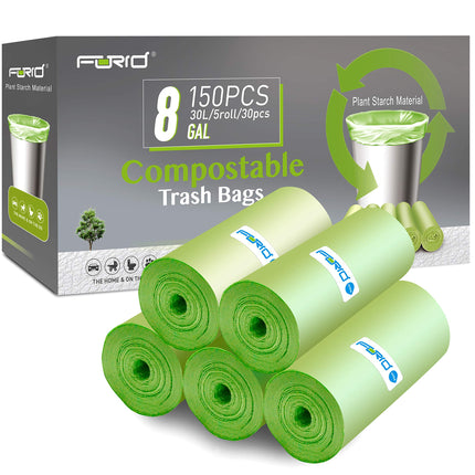 Compostable Trash Bags - FORID 8 Gallon Garbage Bags 150 Count Trash Can Liners 30 Liter Unscented Medium Wastebasket Bags for Kitchen Bathroom Home Office Garbage Can (5Rolls/Green) - Durable & Thick