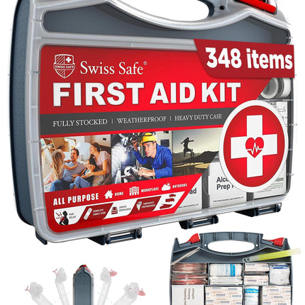Swiss Safe 2-in-1 First Aid Kit for Car, Travel & Home, Businesses - Bonus Mini Kit for Medical Emergency Aid, Survival, Camping - FSA & HSA Eligible - 348 Pcs, Large Hardcase FAK