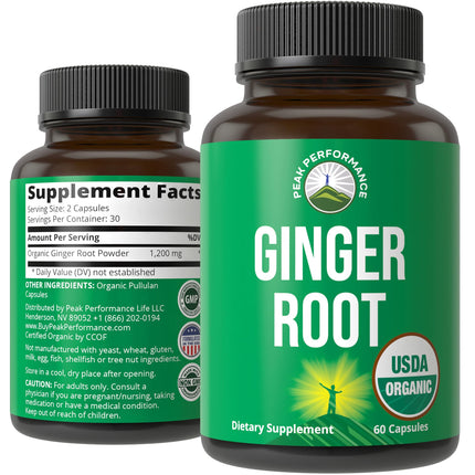 Peak Performance USDA Organic Ginger Root Capsules. Vegan Ginger Pills Supplement for Women & Men to Support Digestion, Occasional Nausea Relief, Gas & Bloat Support, and Gentle Stomach Comfort