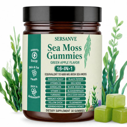 Sea Moss Gummies 16-in-1, with Black Seed Oil, Ashwagandha & Elderberry | Organic Irish Sea Moss Supplement for Men & Women | Daily Support with Manuka, Burdock Root & Vitamins C & D3, 30 Gummies