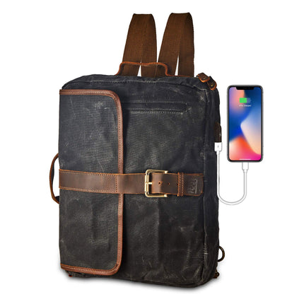 BRASS TACKS Leathercraft Vintage Waterproof Waxed Canvas Convertible Laptop Messenger Backpack Rucksack For Men Women