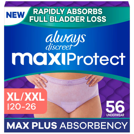 Always Discreet MaxiProtect Adult Diapers for Women, Incontinence Underwear, Postpartum Essentials, Bladder Leak Protection, Disposable Briefs, Maximum Plus Absorbency, Size XL/XXL, 56 Count