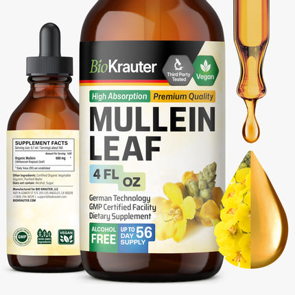 BIO KRAUTER Mullein Drops for Lungs 4 Fl. Oz - 56 Days of Supply - Pure Mullein Leaf Extract for Lung Detox & Cleanse - Vegan Respiratory Supplements - Non-GMO, No Sugar & Alcohol