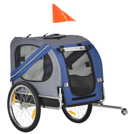 Aosom Dog Bike Trailer, Pet Wagon Bicycle Trailer with Easy Folding Cart Frame, 20" Large Rubber Wheels, 3 Entrances, Mesh Screen, Pet Bike Trailer for Off-Road & Travel, Blue and Grey