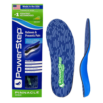 PowerStep Pinnacle High Arch Orthotic Insoles, Plantar Fasciitis Relief, Supination Heel Pain, Arch Support, PowerStep Insoles for Women and Men, Made in USA (Men's 9-9.5, Women's 11-11.5)