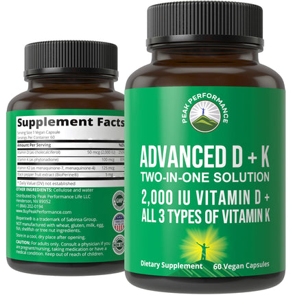 Peak Performance Advanced Vitamin D 2000 IU with All 3 Types of Vitamin K Vitamin D3 and Vitamin K2, K1, MK-7 (MK7), MK4 Supplements - 60 Small and Easy to Swallow Vegetable Capsules